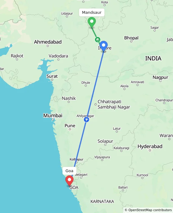 Route map showing distance and travel time from Mandsaur, India to Goa, India