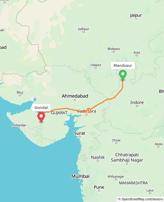 Route map showing distance and travel time from Mandsaur, India to Gondal, India