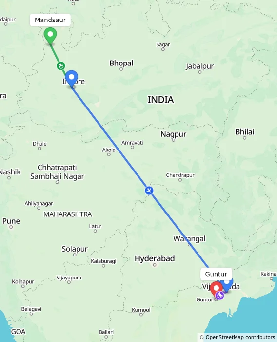 Route map showing distance and travel time from Mandsaur, India to Guntur, India