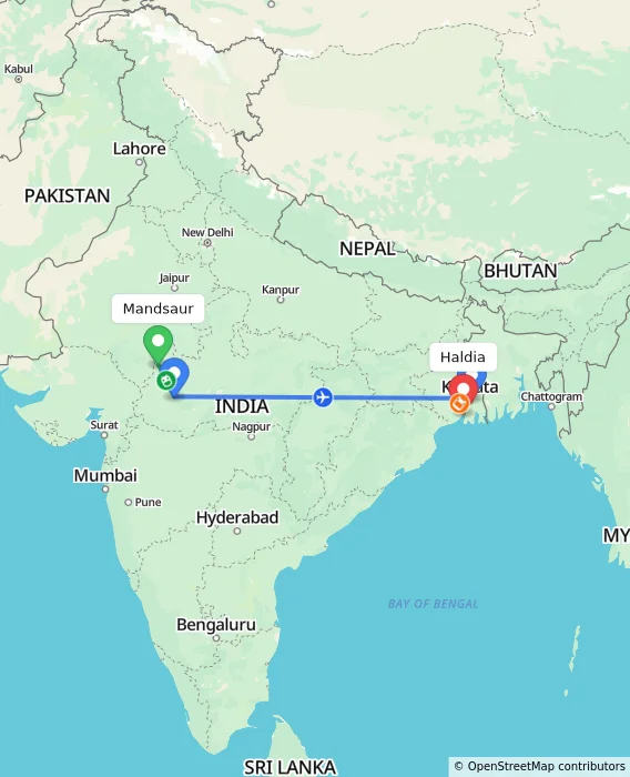 Route map showing distance and travel time from Mandsaur, India to Haldia, India