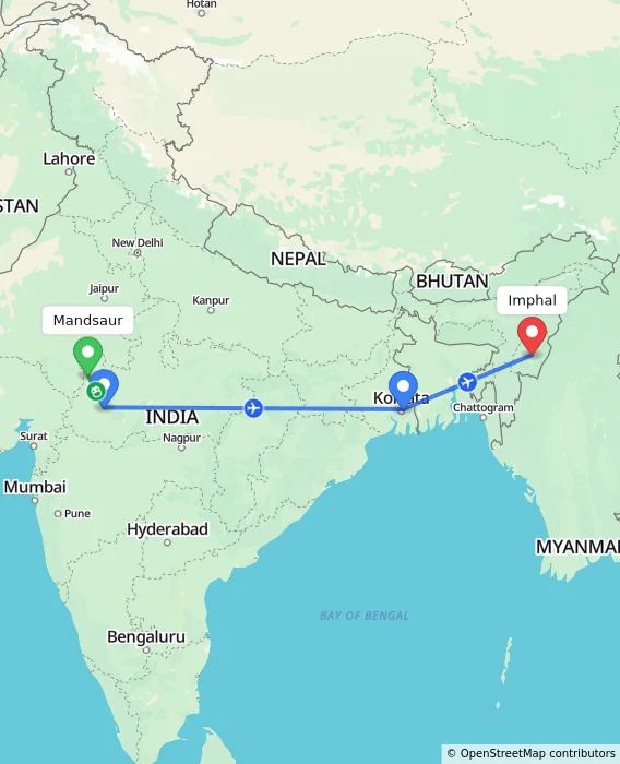 Route map showing distance and travel time from Mandsaur, India to Imphal, India