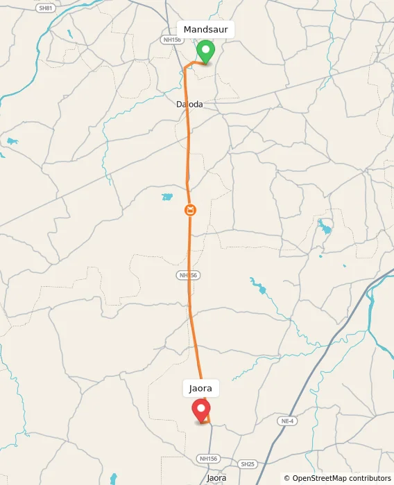 Route map showing distance and travel time from Mandsaur, India to Jaora, India
