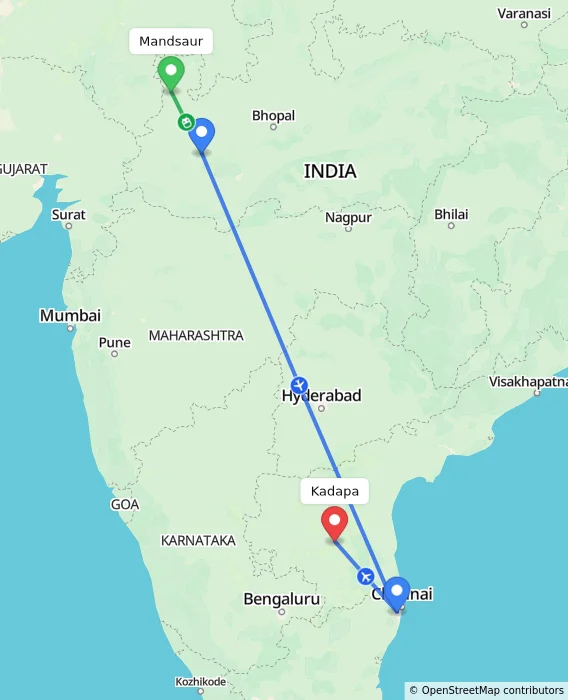 Route map showing distance and travel time from Mandsaur, India to Kadapa, India