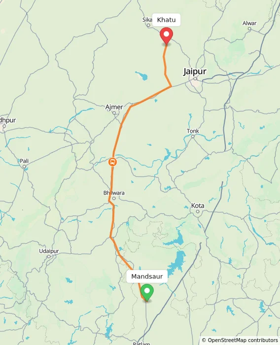 Route map showing distance and travel time from Mandsaur, India to Khatu, India