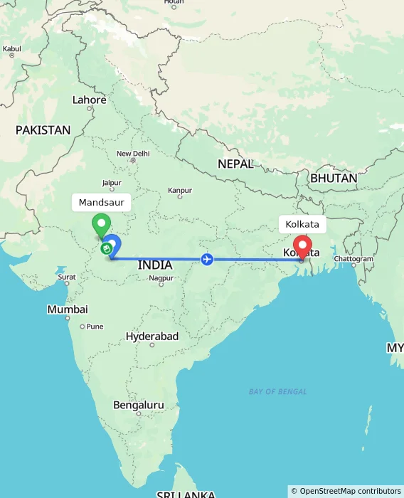Route map showing distance and travel time from Mandsaur, India to Kolkata, India