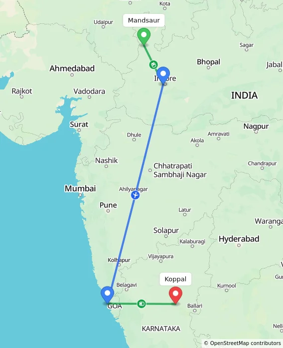 Route map showing distance and travel time from Mandsaur, India to Koppal, India