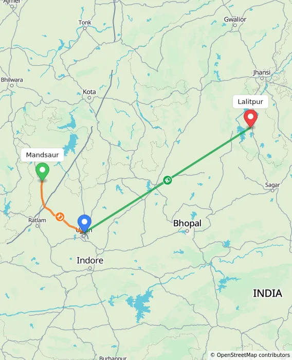 Route map showing distance and travel time from Mandsaur, India to Lalitpur, India