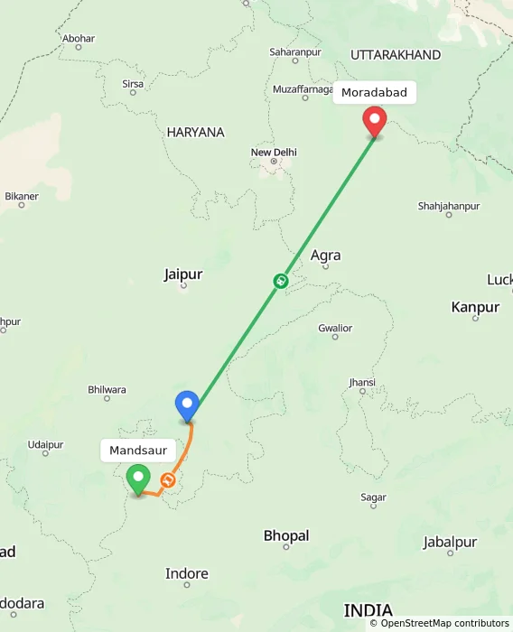 Route map showing distance and travel time from Mandsaur, India to Moradabad, India