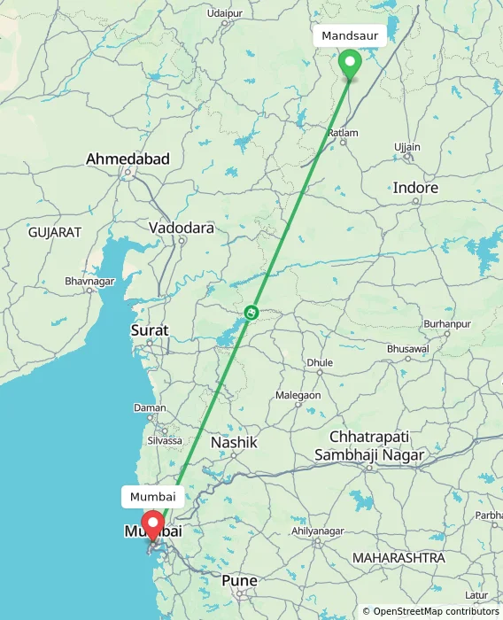 Route map showing distance and travel time from Mandsaur, India to Mumbai, India
