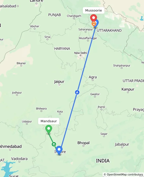 Route map showing distance and travel time from Mandsaur, India to Mussoorie, India