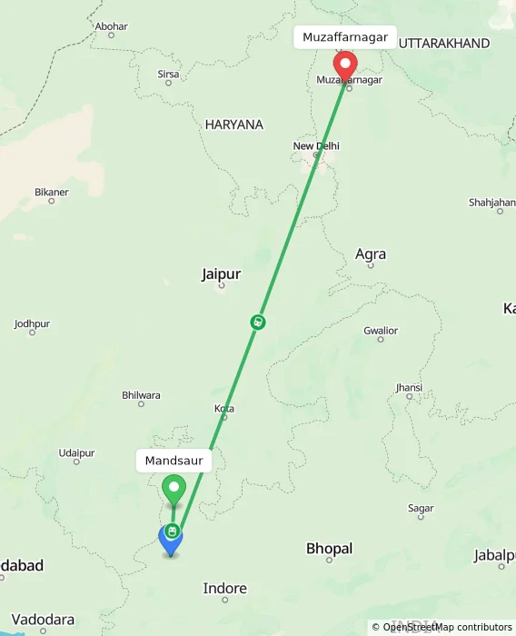 Route map showing distance and travel time from Mandsaur, India to Muzaffarnagar, India