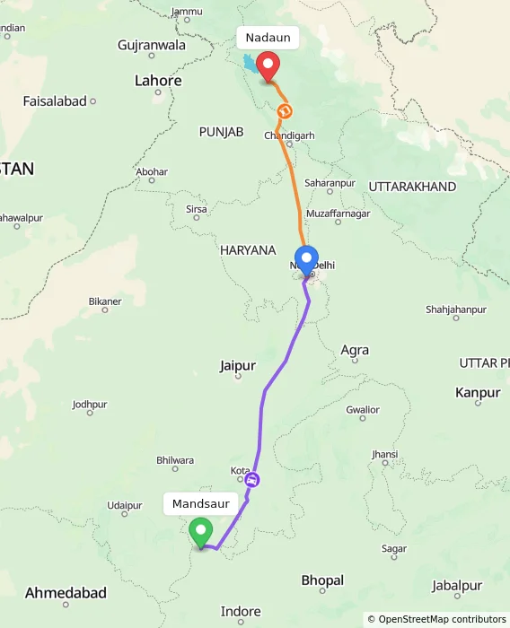 Route map showing distance and travel time from Mandsaur, India to Nadaun, India