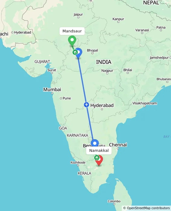 Route map showing distance and travel time from Mandsaur, India to Namakkal, India