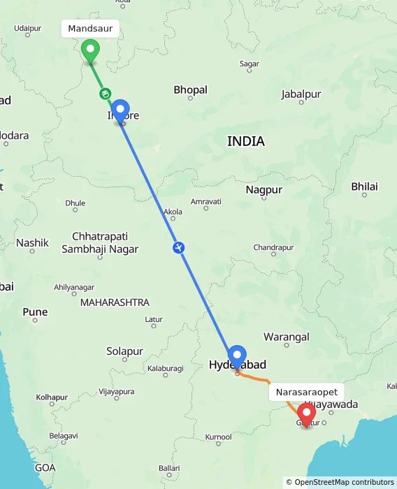 Route map showing distance and travel time from Mandsaur, India to Narasaraopet, India