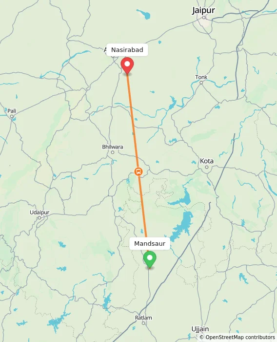 Route map showing distance and travel time from Mandsaur, India to Nasirabad, India