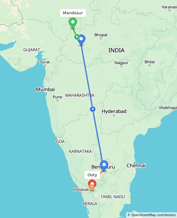 Route map showing distance and travel time from Mandsaur, India to Ooty, India