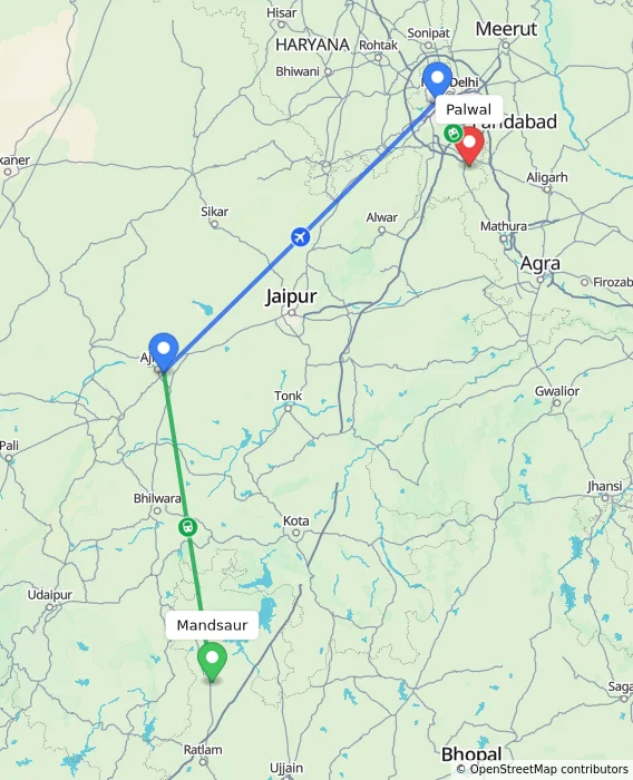 Route map showing distance and travel time from Mandsaur, India to Palwal, India