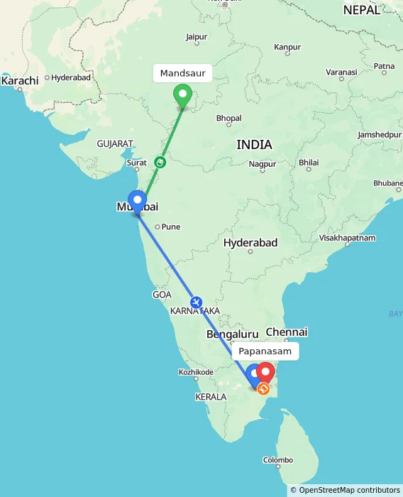 Route map showing distance and travel time from Mandsaur, India to Papanasam, India