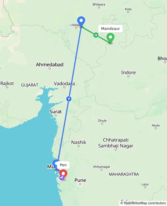Route map showing distance and travel time from Mandsaur, India to Pen, India