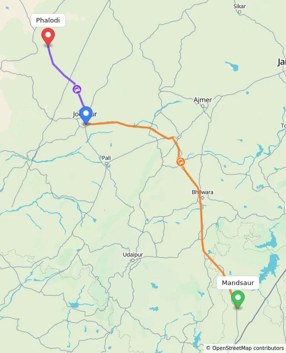 Route map showing distance and travel time from Mandsaur, India to Phalodi, India
