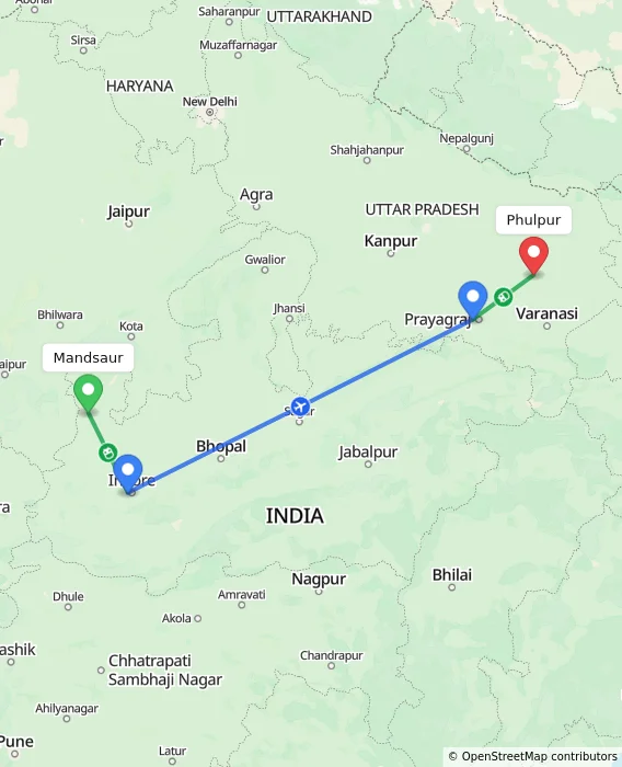 Route map showing distance and travel time from Mandsaur, India to Phulpur, India