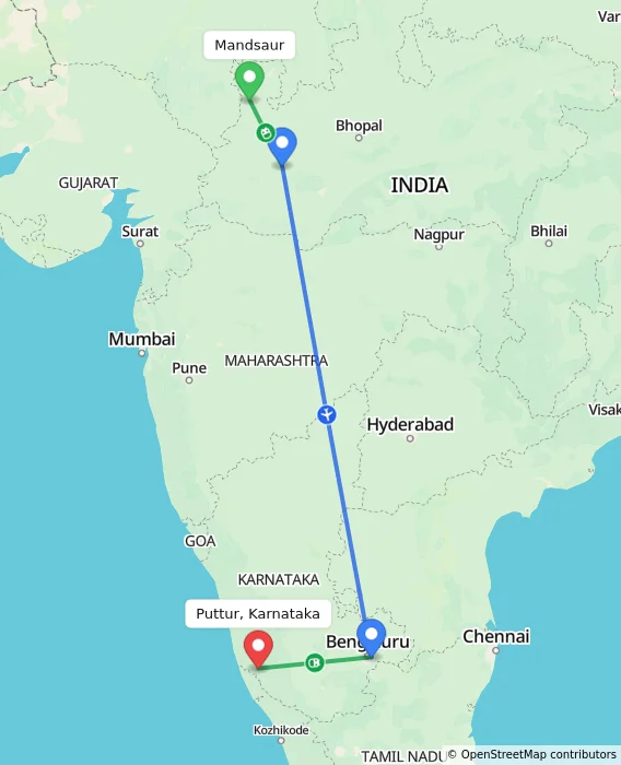 Route map showing distance and travel time from Mandsaur, India to Puttur, Karnataka, India