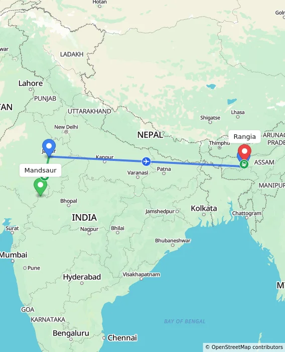 Route map showing distance and travel time from Mandsaur, India to Rangia, India