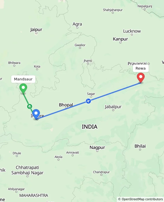 Route map showing distance and travel time from Mandsaur, India to Rewa, India