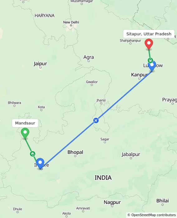 Route map showing distance and travel time from Mandsaur, India to Sitapur, Uttar Pradesh, India