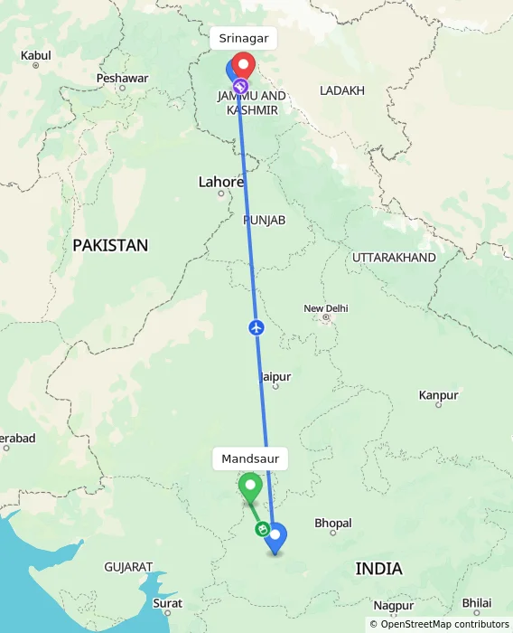 Route map showing distance and travel time from Mandsaur, India to Srinagar, India