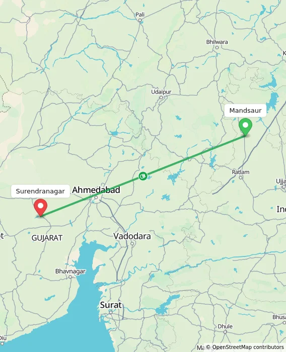 Route map showing distance and travel time from Mandsaur, India to Surendranagar, India