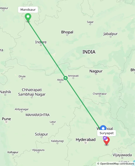 Route map showing distance and travel time from Mandsaur, India to Suryapet, India