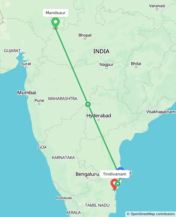 Route map showing distance and travel time from Mandsaur, India to Tindivanam, India