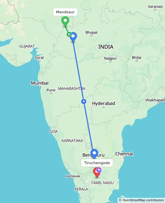 Route map showing distance and travel time from Mandsaur, India to Tiruchengode, India
