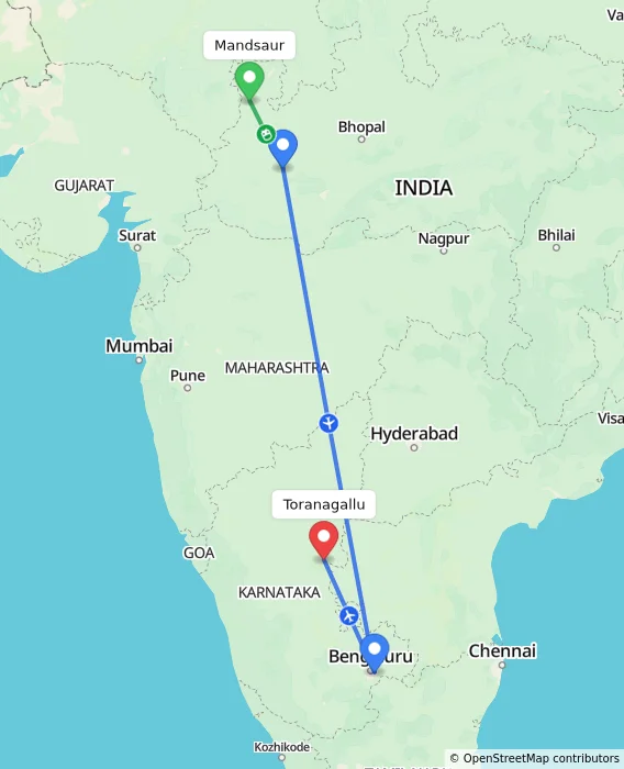 Route map showing distance and travel time from Mandsaur, India to Toranagallu, India