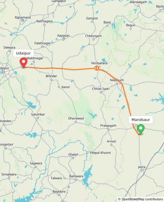 Route map showing distance and travel time from Mandsaur, India to Udaipur, India