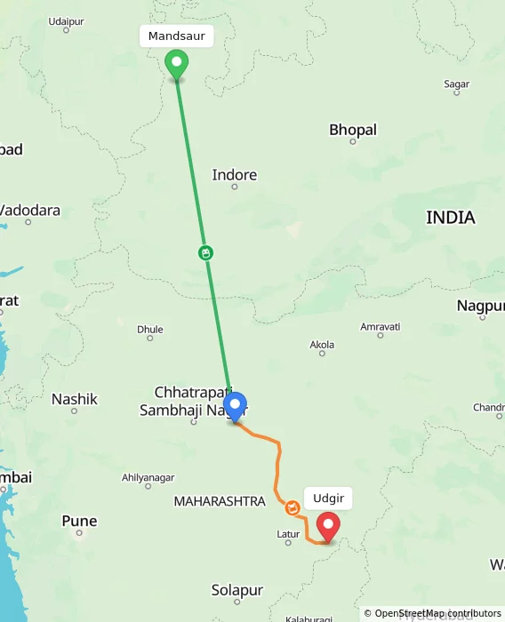 Route map showing distance and travel time from Mandsaur, India to Udgir, India