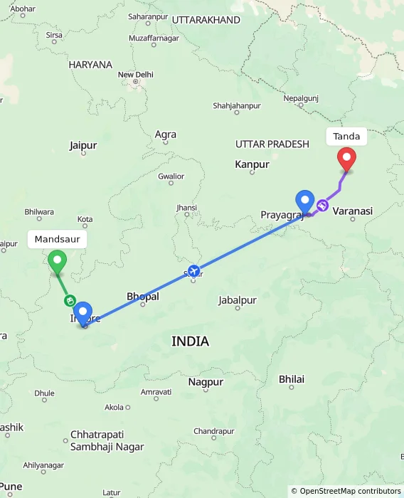 Route map showing distance and travel time from Mandsaur, India to Tanda, India