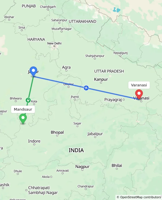 Route map showing distance and travel time from Mandsaur, India to Varanasi, India