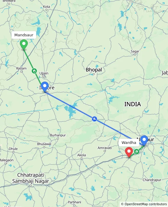 Route map showing distance and travel time from Mandsaur, India to Wardha, India