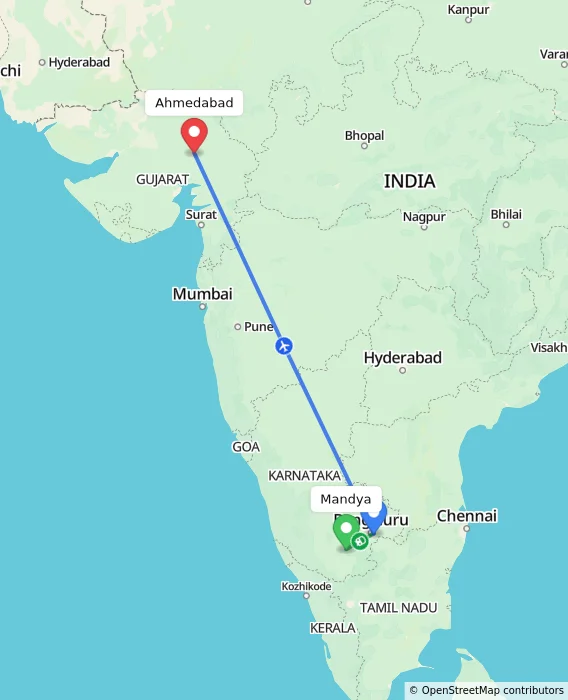 Route map showing distance and travel time from Mandya, India to Ahmedabad, India