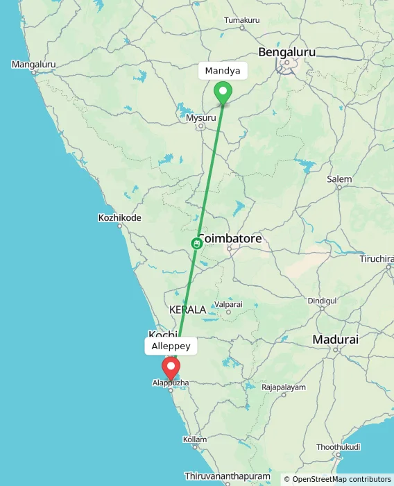 Route map showing distance and travel time from Mandya, India to Alappuzha, India