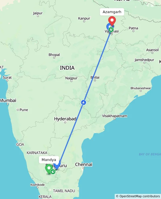 Route map showing distance and travel time from Mandya, India to Azamgarh, India