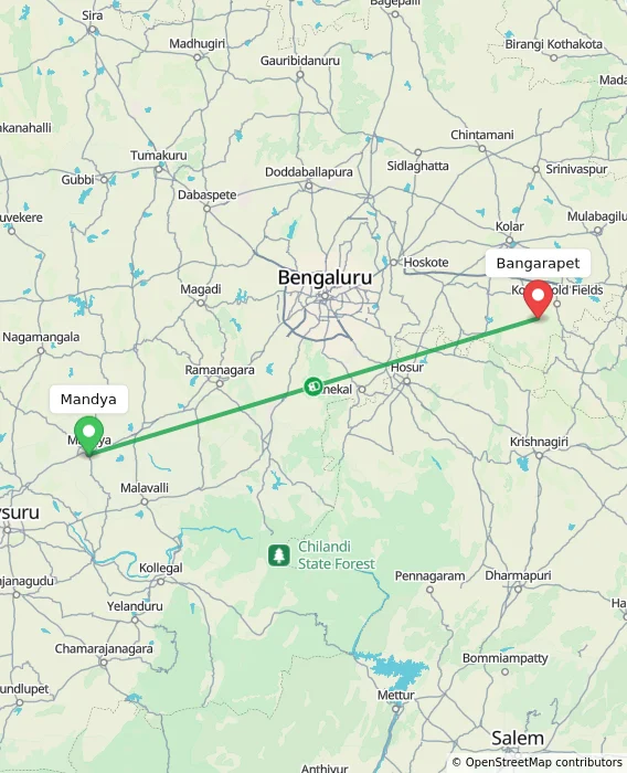 Route map showing distance and travel time from Mandya, India to Bangarapet, India