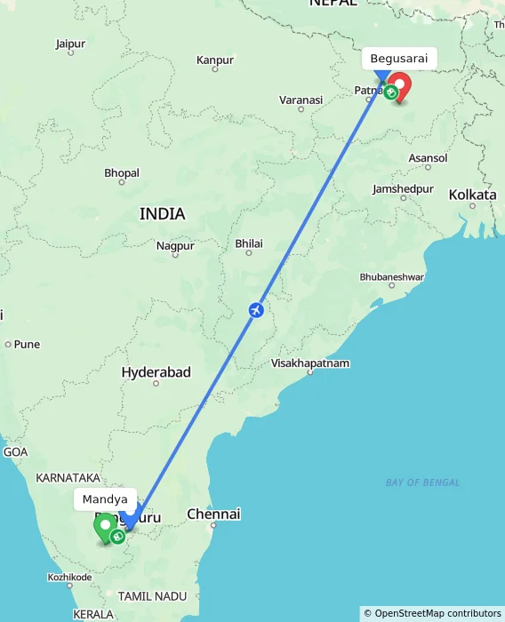 Route map showing distance and travel time from Mandya, India to Begusarai, India