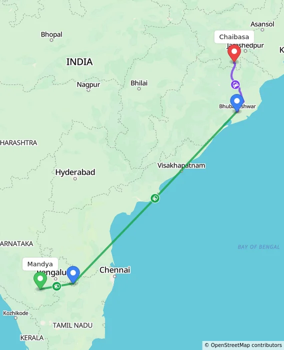 Route map showing distance and travel time from Mandya, India to Chaibasa, India