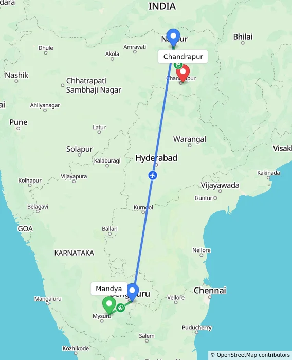 Route map showing distance and travel time from Mandya, India to Chandrapur, India