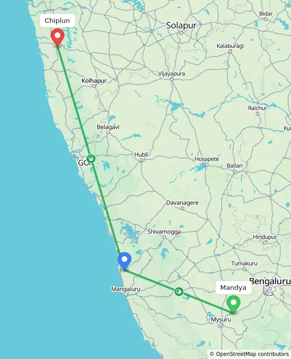 Route map showing distance and travel time from Mandya, India to Chiplun, India