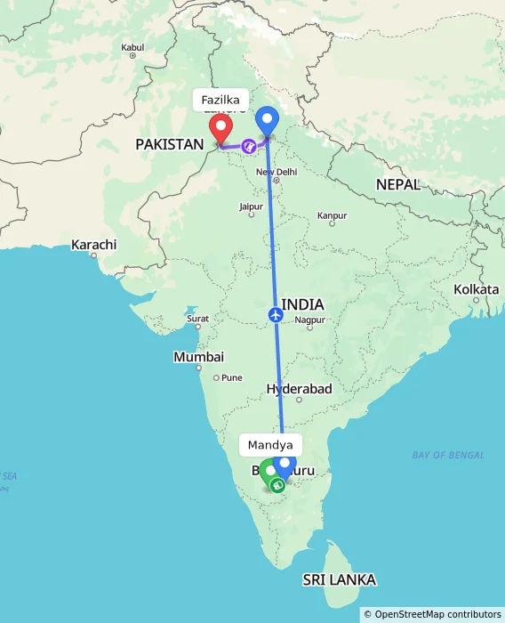 Route map showing distance and travel time from Mandya, India to Fazilka, India