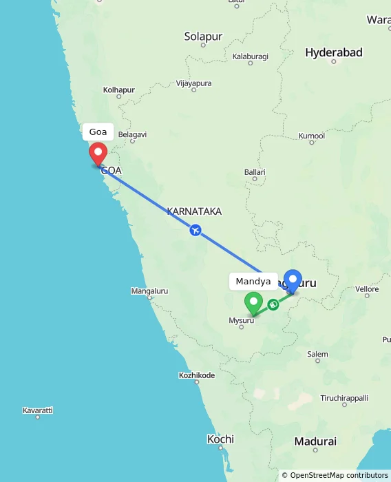 Route map showing distance and travel time from Mandya, India to Goa, India